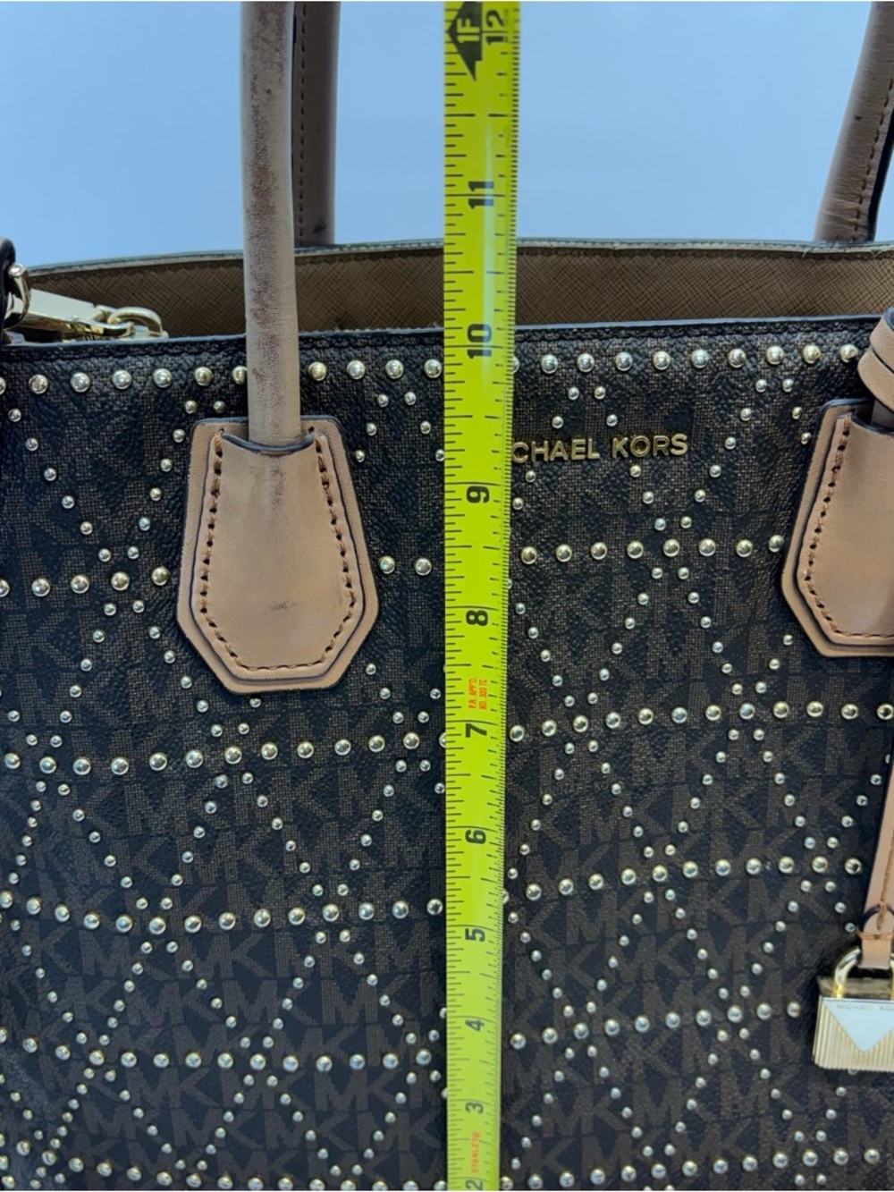 Michael Kors Logo Leather Mercer Stud & Grommet LG Tote Bag Purse Brown MK - Picture 7 of 8